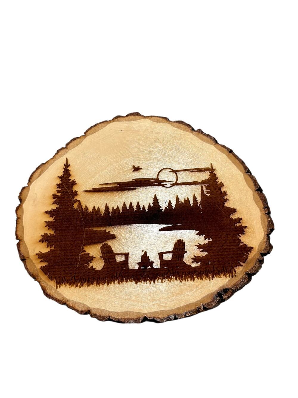Handmade Rustic Wood Slice Wall Art – Lakeside Campfire Scene